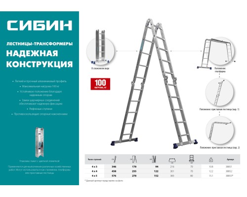 СИБИН ЛТ-43, 4 x 3 ступени, алюминиевая, четырехсекционная лестница-трансформер (38851)