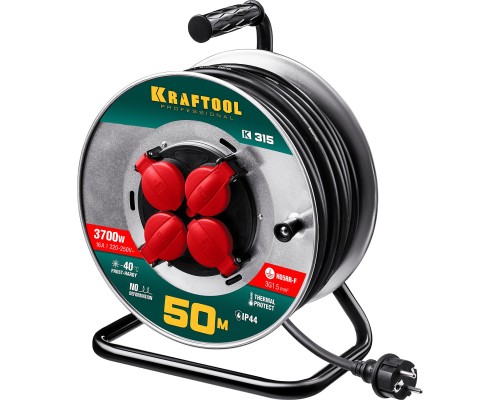KRAFTOOL K-315, КГ, 3 x 1.5 мм2, 50 м, 3700 Вт, IP44, силовой удлинитель на стальной катушке (55085-50) KRAFTOOL K-315, КГ, 3 x 1.5 мм2, 50 м, 3700 Вт, IP44, силовой удлинитель на стальной катушке (55085-50)