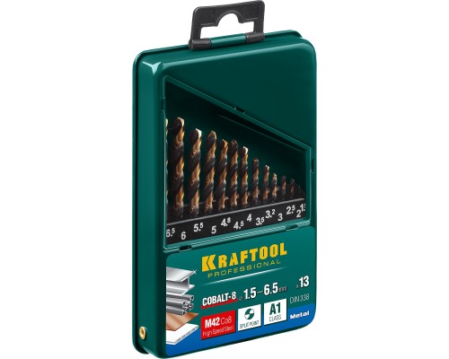 KRAFTOOL Cobalt, 13 шт, (1.5-6.5 мм), сталь М42, HSS-Co(8%), набор сверл по металлу (29656-H13) KRAFTOOL Cobalt, 13 шт, (1.5-6.5 мм), сталь М42, HSS-Co(8%), набор сверл по металлу (29656-H13)