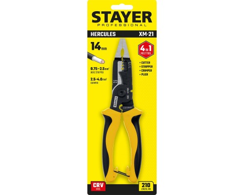 STAYER XM-21, резка d 14мм, зачистка 0.75 – 25 мм2, кримпер 2.5 мм2, плоскогубцы 210 мм, многофункциональные клещи, Professional (23342-21)