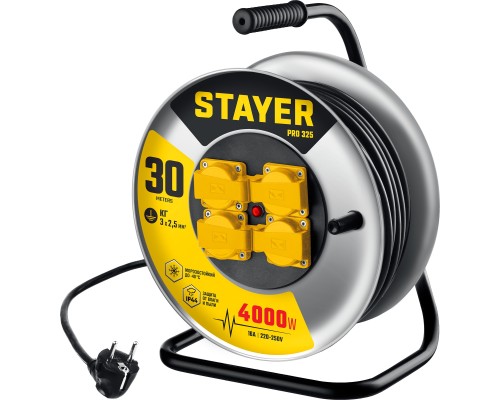STAYER PRO-325, КГ, 3 х 2.5 мм2, 30 м, 4000 Вт, IP44, силовой удлинитель на стальной катушке (55076-30) STAYER PRO-325, КГ, 3 х 2.5 мм2, 30 м, 4000 Вт, IP44, силовой удлинитель на стальной катушке (55076-30)