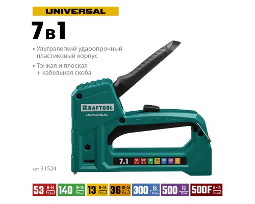 KRAFTOOL Universal, 7-в-1: 53 (A/10/JT21) 23GA (6 - 14 мм)/140 (G/11/57) 20GA (8 - 14 мм)/13/53F/36/500, универсальный легкий степлер (31524)