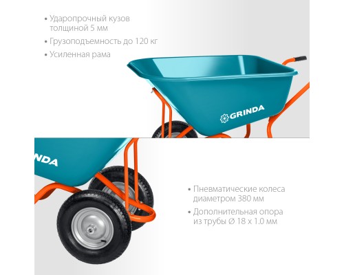 GRINDA GP-1, кузов увеличенного объема 260 л, г/п 120 кг, ударопрочный пластик, тачка садовая PROLine (422401)