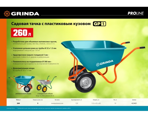 GRINDA GP-1, кузов увеличенного объема 260 л, г/п 120 кг, ударопрочный пластик, тачка садовая PROLine (422401)