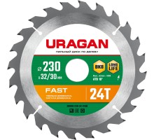 URAGAN Fast, 230 х 32/30 мм, 24Т, пильный диск по дереву (36800-230-32-24)