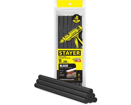 STAYER Black, чёрные, 11 х 200 мм, 6 шт, клеевые стержни, Professional (2-06821-D-S06)