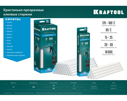 KRAFTOOL Cristal, 11 х 250 мм, 40 шт, кристально прозрачные, клеевые стержни (06846-40)