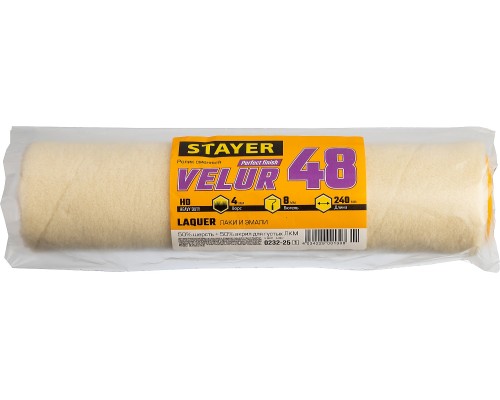 STAYER VELUR, 48 х 240 мм, бюгель 8 мм, ворс 4 мм, 50% акрил, 50% шерсть, для лаков и эмалей, малярный ролик, Professional (0232-25)