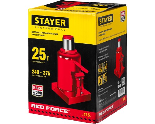 STAYER RED FORCE, 25 т, 240 - 375 мм, бутылочный гидравлический домкрат, Professional (43160-25)