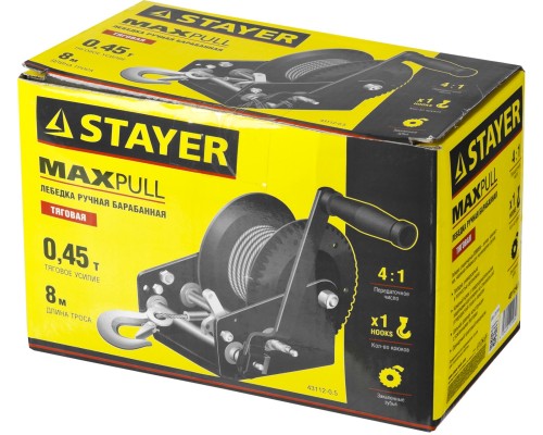 STAYER MAXPull, 0.5 т, 8 м, ручная барабанная тросовая лебедка (43112-0.5)