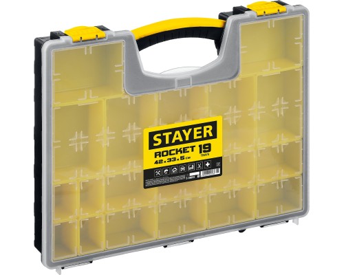 STAYER ROCKET-19, 420 x 330 x 50 мм, (16.5″), пластиковый органайзер с 19 съемными лотками (2-38032)