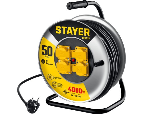 STAYER PRO-325, КГ, 3 х 2.5 мм2, 50 м, 4000 Вт, IP44, силовой удлинитель на стальной катушке (55076-50) STAYER PRO-325, КГ, 3 х 2.5 мм2, 50 м, 4000 Вт, IP44, силовой удлинитель на стальной катушке (55076-50)