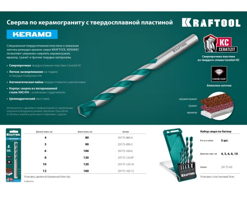 KRAFTOOL Keramo, 4 х 80 мм, тв.сплав КС, сверло по керамограниту (29175-080-4)