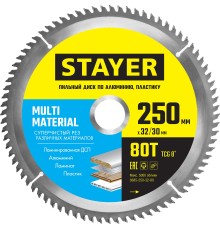 STAYER Multi Material, 250 х 32/30 мм, 80Т, супер чистый рез, пильный диск по алюминию и пластику (3685-250-32-80)