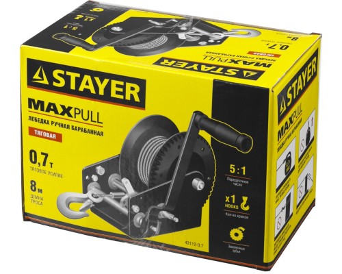 STAYER MAXPull, 0.7 т, 8 м, ручная барабанная тросовая лебедка (43112-0.7)