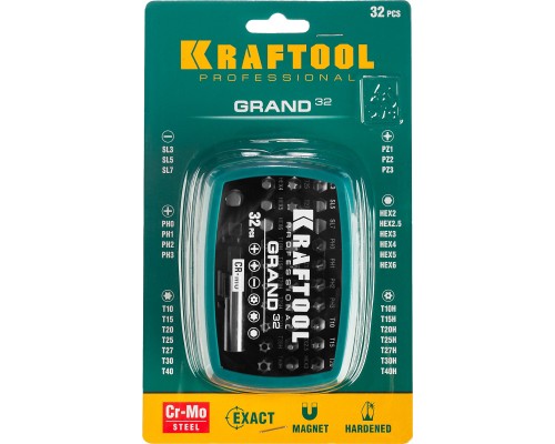 KRAFTOOL Grand-32, с магнитным адаптером 32 шт, набор бит (26083-H32)