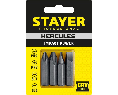 STAYER Hercules, 36 мм, 4 шт, биты для ударной отвертки, Professional (25667-S4)