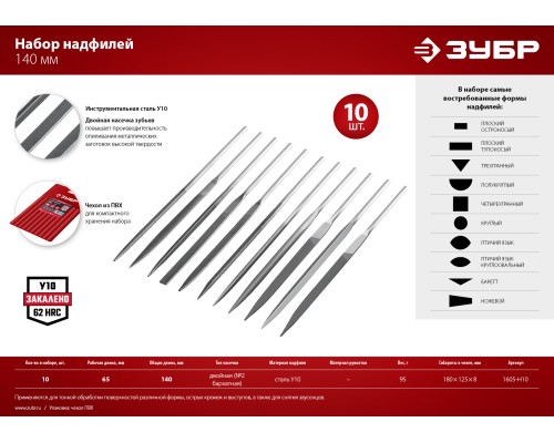 ЗУБР 10 шт, 140 мм, набор надфилей в чехле (1605-H10)