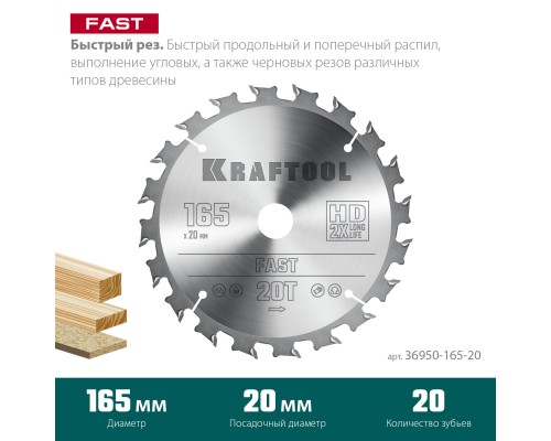 KRAFTOOL Fast, 165 х 20 мм, 20Т, пильный диск по дереву (36950-165-20)