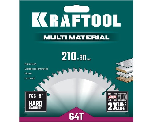 KRAFTOOL Multi Material, 210 х 30 мм, 64Т, пильный диск по алюминию (36953-210-30)