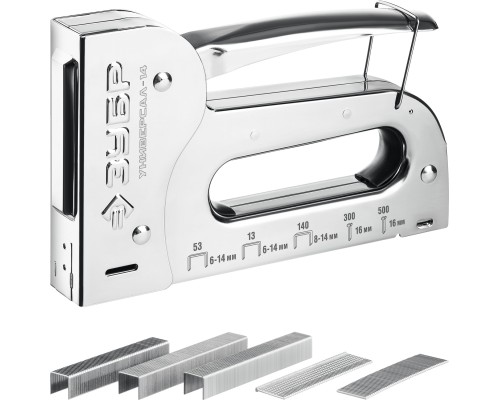 ЗУБР Универсал-14, 6-в-1: 53 (A/10/JT21) 23GA (6-14 мм)/140 (G/11/57) 20GA (8-14 мм)/53F/13/300/500, универсал стальной степлер, Профессионал (31527)