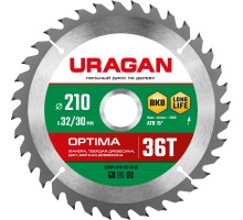 URAGAN Optima, 210 х 32/30 мм, 36Т, пильный диск по дереву (36801-210-32-36)