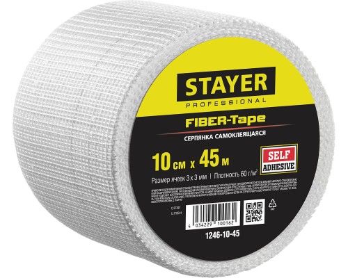 STAYER FIBER-Tape, 10 см х 45 м, 3 х 3 мм, самоклеящаяся серпянка, Professional (1246-10-45)