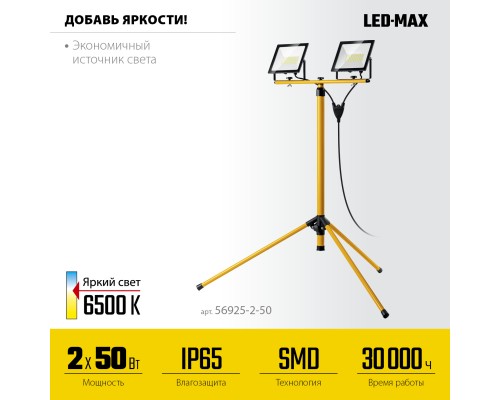 STAYER LED-MAX, 2 х 50 Вт, 6500 К, IP 65, 1.6 м, светодиодные прожекторы на штативе (56925-2-50) STAYER LED-MAX, 2 х 50 Вт, 6500 К, IP 65, 1.6 м, светодиодные прожекторы на штативе (56925-2-50)