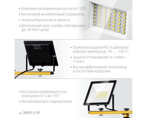 STAYER LED-MAX, 2 х 50 Вт, 6500 К, IP 65, 1.6 м, светодиодные прожекторы на штативе (56925-2-50) STAYER LED-MAX, 2 х 50 Вт, 6500 К, IP 65, 1.6 м, светодиодные прожекторы на штативе (56925-2-50)