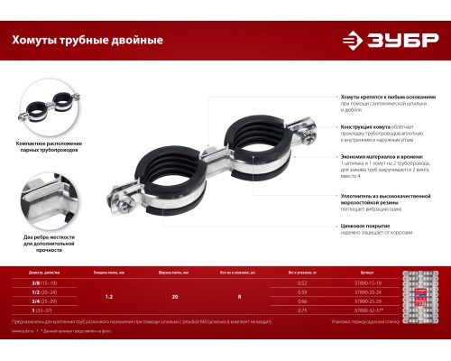 ЗУБР 1/2″, цинк, 8 шт, двойной трубный хомут (37890-20-24)