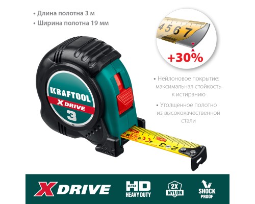 KRAFTOOL X-Drive, 3 м х 19 мм, рулетка (34122-03-19)