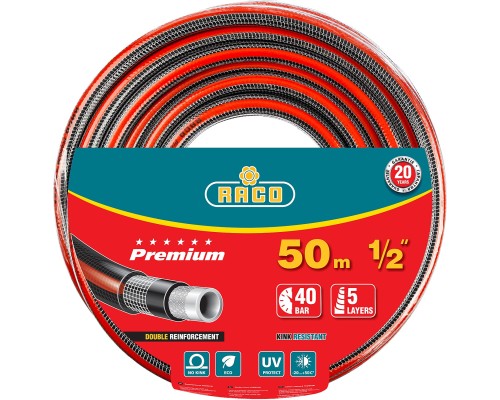 RACO PREMIUM, 1/2″, 50 м, 40 атм, пятислойный, усиленный двумя слоями армирования, поливочный шланг (40300-1/2-50)