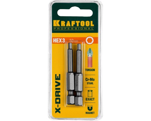 KRAFTOOL X-Drive Hex 3, 50 мм, 2 шт, торсионные биты (26127-3-50-2)