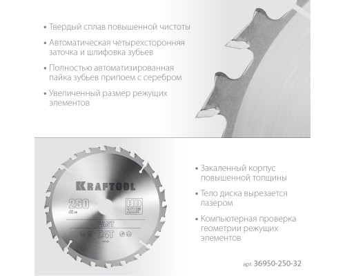 KRAFTOOL Fast, 250 х 32 мм, 24Т, пильный диск по дереву (36950-250-32)