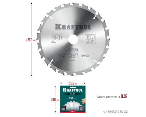 KRAFTOOL Fast, 250 х 32 мм, 24Т, пильный диск по дереву (36950-250-32)