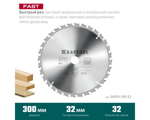 KRAFTOOL Fast, 300 х 32 мм, 32Т, пильный диск по дереву (36950-300-32)