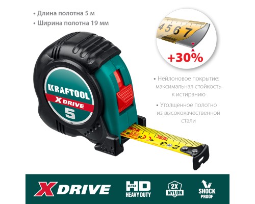 KRAFTOOL X-Drive, 5 м х 19 мм, рулетка (34122-05-19)