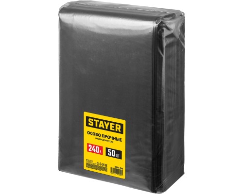 STAYER HEAVY DUTY, 240 л, 50 шт, черные, особопрочные, строительные мусорные мешки (39154-240)