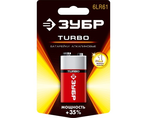 ЗУБР TURBO, 6LR61 (крона), 1 шт, 9 В, алкалиновая батарейка (59219) ЗУБР TURBO, 6LR61 (крона), 1 шт, 9 В, алкалиновая батарейка (59219)