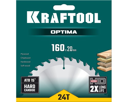 KRAFTOOL Optima, 160 х 20 мм, 24Т, пильный диск по дереву (36951-160-20)