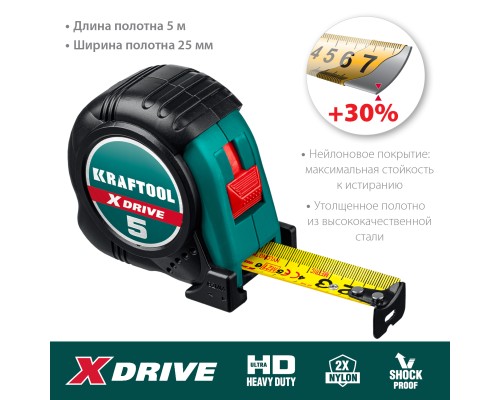 KRAFTOOL X-Drive, 5 м х 25 мм, рулетка (34122-05-25)