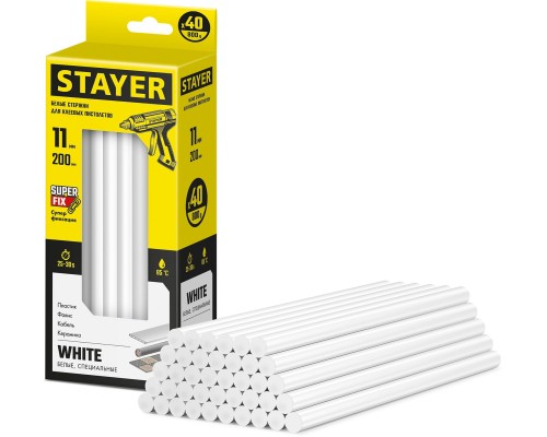 STAYER White, белые, 11 х 200 мм, 40 шт, клеевые стержни, Professional (2-06821-W-S40)